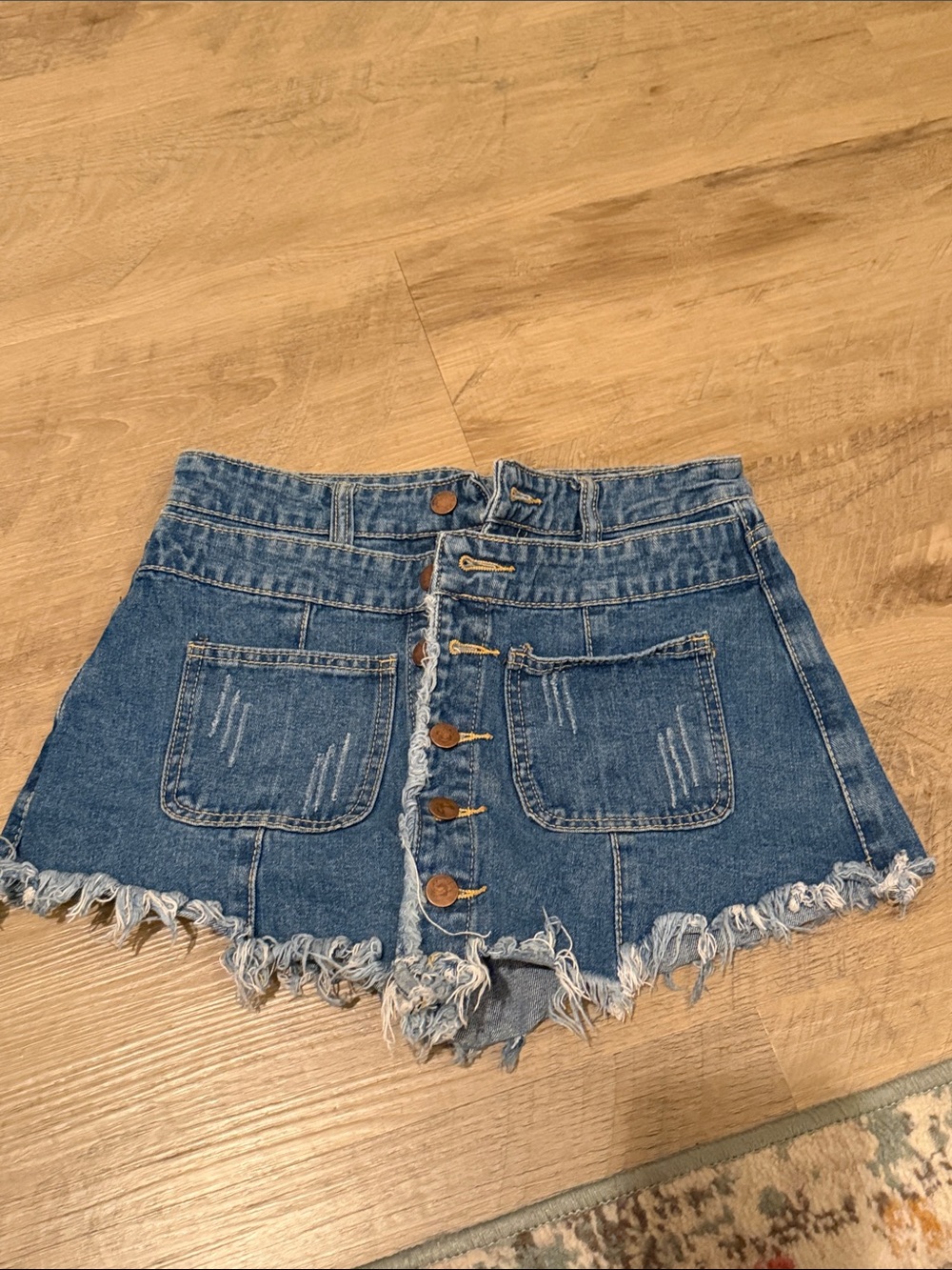 SHEIN Distressed Blue Denim Button-Front Frayed Hem Shorts